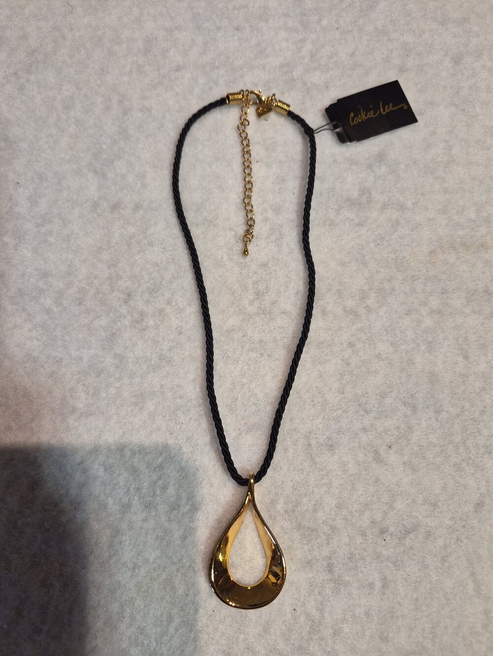 Cookie Lee Gold Tone Open Teardrop Pendant Necklace with Black Cord
